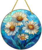 White Daisies with Blue Background 8x8 inch Stained Glass Window Hanging，Shatterproof Acrylic Suncatcher, Round Acrylic Wall Decoration for Home, Ideal Gift for Flower & Nature Lovers