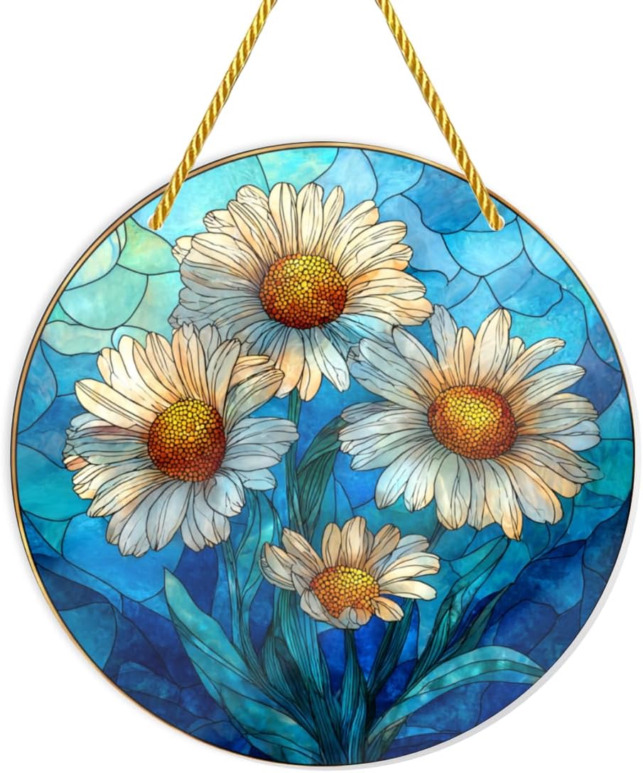 White Daisies with Blue Background 8x8 inch Stained Glass Window Hanging，Shatterproof Acrylic Suncatcher, Round Acrylic Wall Decoration for Home, Ideal Gift for Flower & Nature Lovers