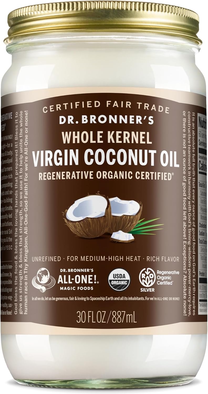 Dr. Bronner's - Organic Virgin Coconut Oil (Whole Kernel, 30 Ounce) - Coconut Oil for Cooking, Baking, Hair and Body, Unrefined and Fresh-Pressed, Rich and Nutty Flavor, Fair Trade, Vegan, Non-GMO