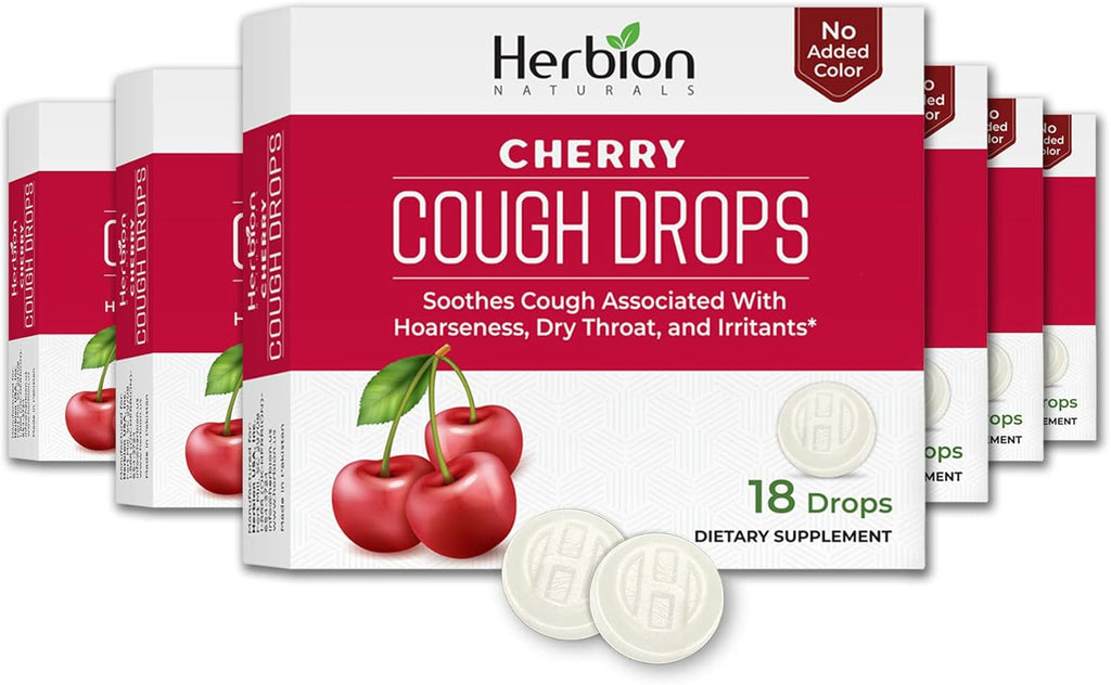 HERBION Naturals Cough Drops, Dietary Supplement, Soothes Cough, for Adults and Children Over 6 Years, No Artificial Flavor, No Added Color, 108 Count, Cherry, Pack of 6