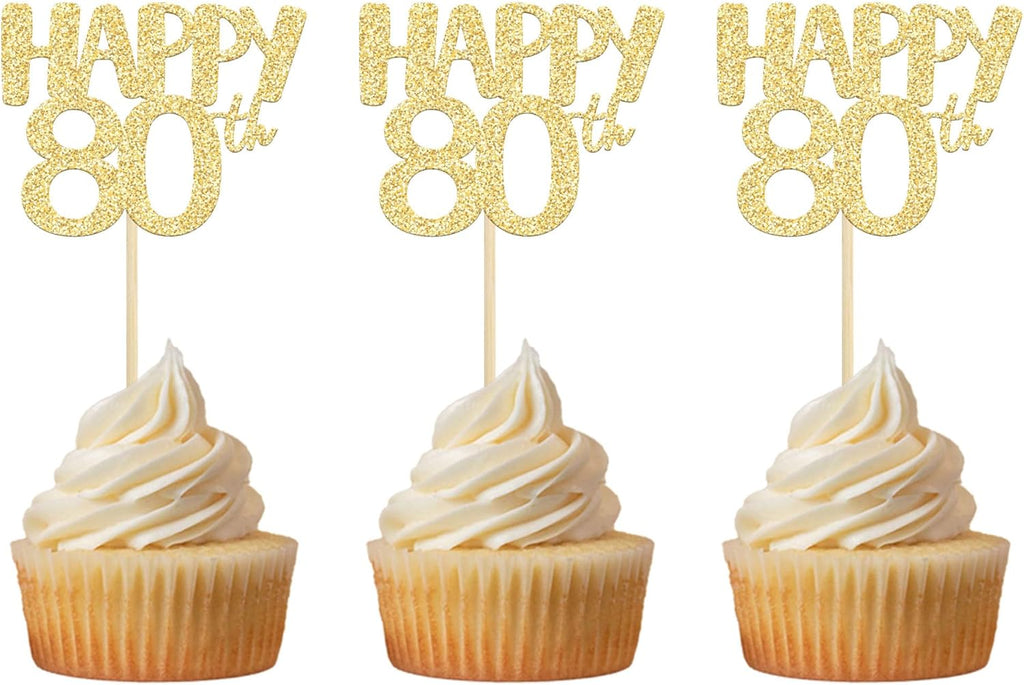 Gyufise 24Pcs Happy 80th Cupcake Toppers Gold Glitter Number 80 Cupcake Pick Decorations for 80th Birthday Celebrating Anniversary Party Cake Decorations Supplies