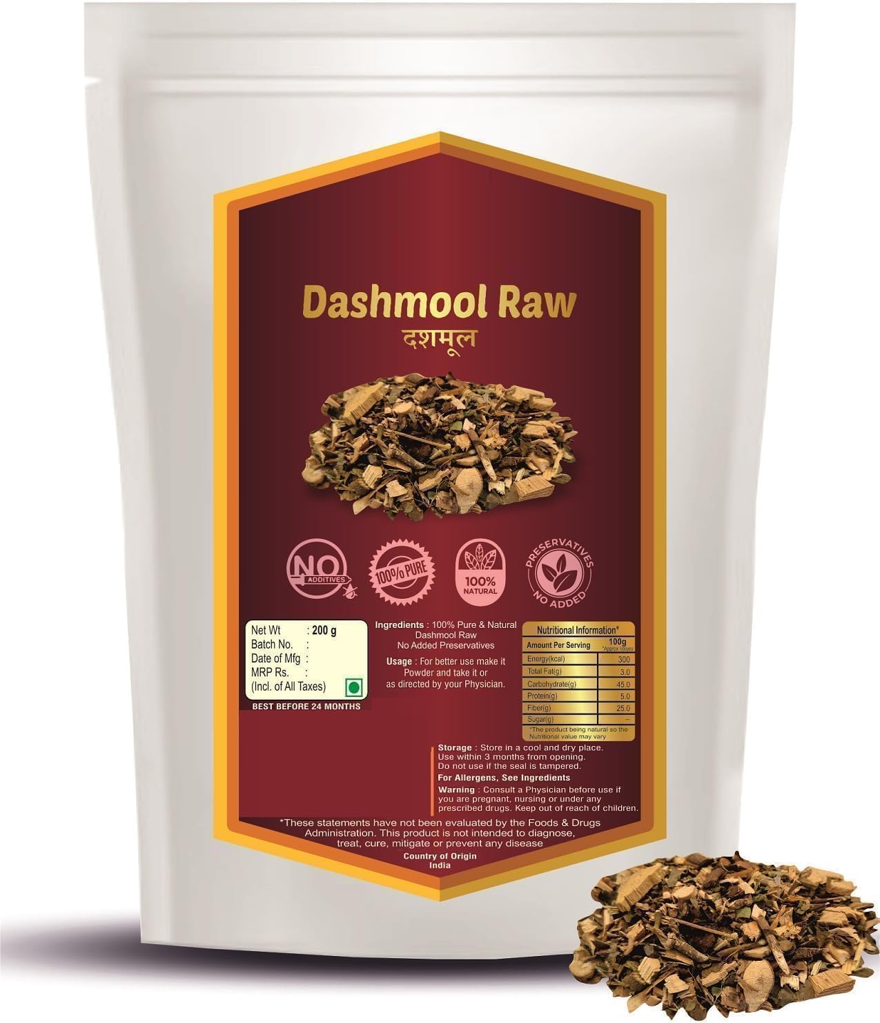 PL Natural Raw Dashmool Kadha - Dashmool Kwath - Dasmool - Dashmoola - Dasmul - Dashmul Herbs - Dashamoola - Dashmula - Dasmoola - 200gm
