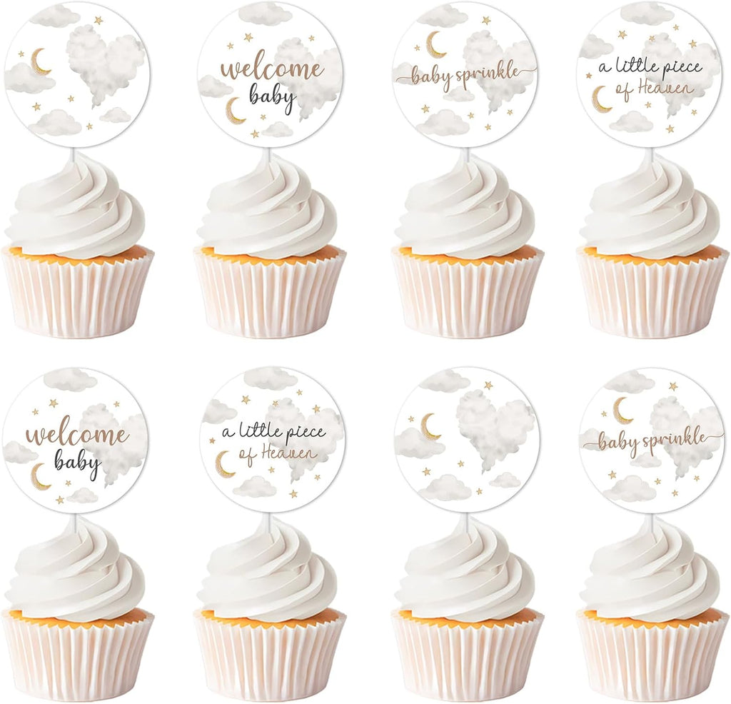 36Pcs A Little Piece of Heaven Cupcake Toppers Clouds Baby Shower Decorations Clouds Moons Stars Welcome Baby Cake Decorations for Boys Girls Baby Shower Supplies