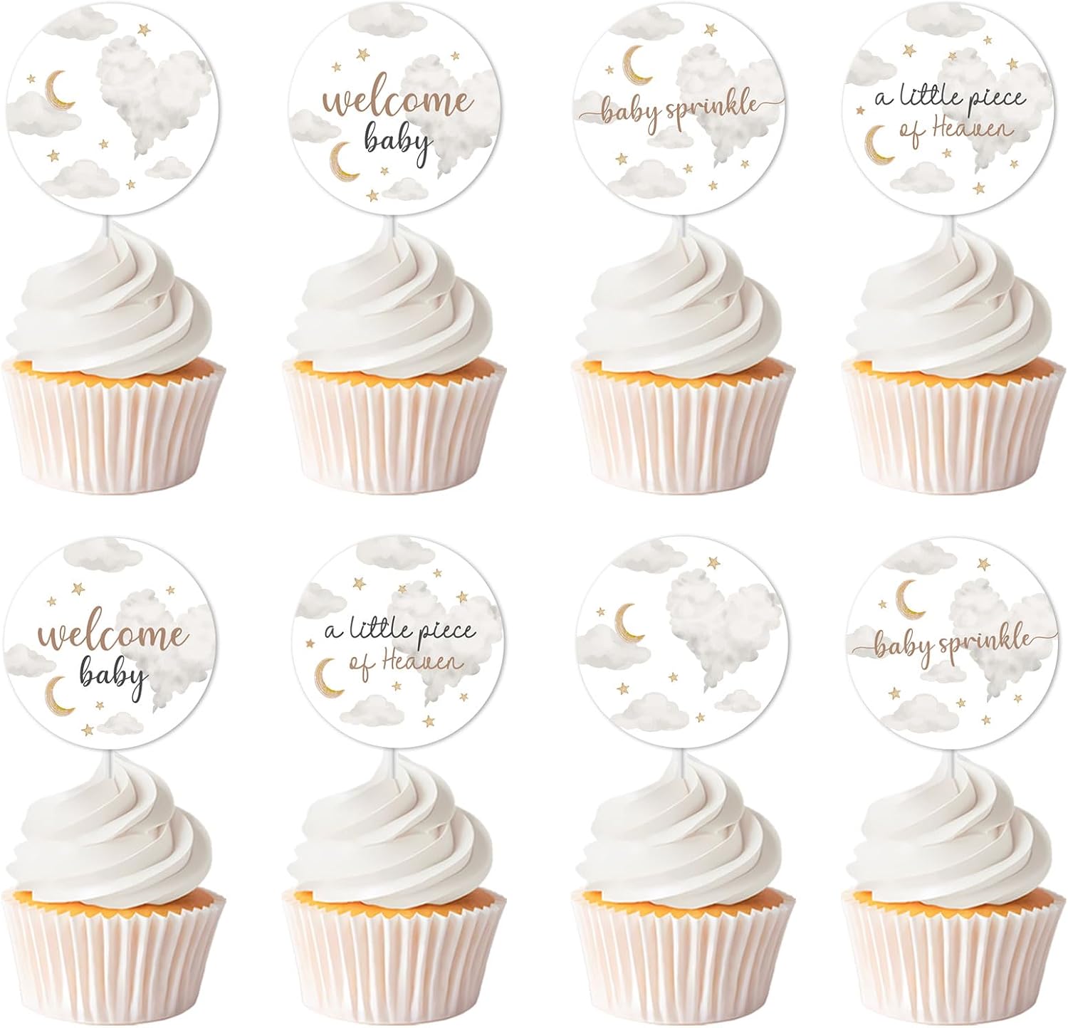 36Pcs A Little Piece of Heaven Cupcake Toppers Clouds Baby Shower Decorations Clouds Moons Stars Welcome Baby Cake Decorations for Boys Girls Baby Shower Supplies