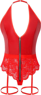 Women Leather Halter Bodysuit Lace One Piece Lingerie V Neck Zipper S-XXL
