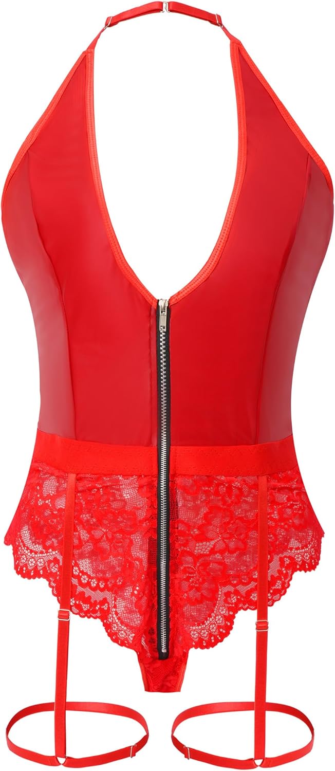 Women Leather Halter Bodysuit Lace One Piece Lingerie V Neck Zipper S-XXL