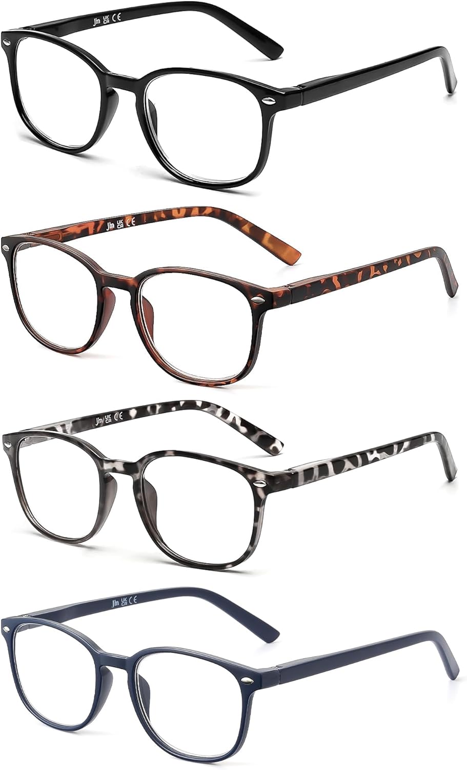 JM 4 Pack Square Reading Glasses, Spring Hinge Readers for Men Women, Mxied Color +2.75