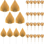20 Pcs Gold Balls Cake Toppers, 8 Pcs Gold Palm Leaves Cake Decorations, Foam Balls Paper Palm Leaf Cake Toppers Insert Decorations for Birthday Baby Shower Wedding Party Decorations
