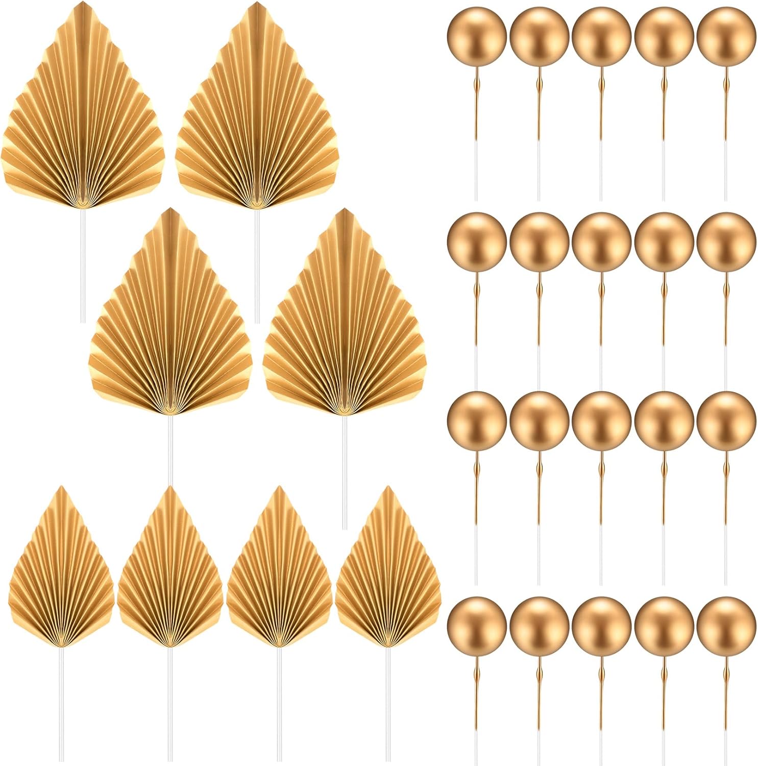 20 Pcs Gold Balls Cake Toppers, 8 Pcs Gold Palm Leaves Cake Decorations, Foam Balls Paper Palm Leaf Cake Toppers Insert Decorations for Birthday Baby Shower Wedding Party Decorations