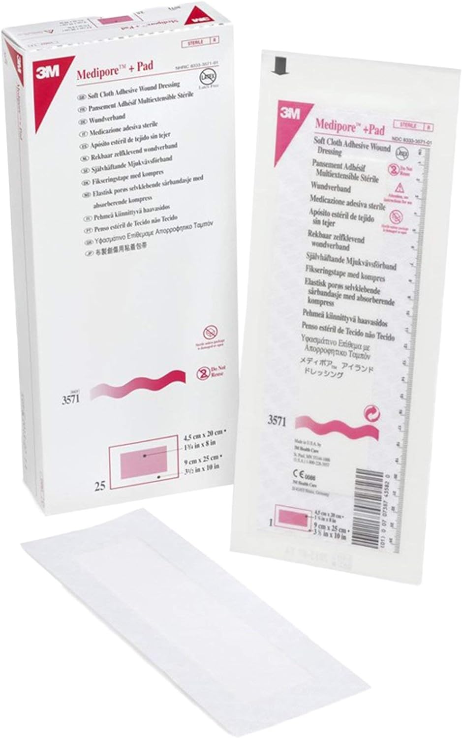 3M Medipore +Pad Soft Cloth Adhesive Wound Dressing, 3 1/2" x 10", 25/Bx, 3M3571