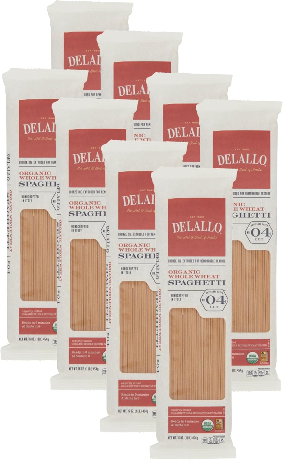 DeLallo Whole Wheat Spaghetti, 1 Pound Bag, 8 Pack, 100% Organic Noodles, Pasta from Italy, Whole Grain, Cooks Al Dente