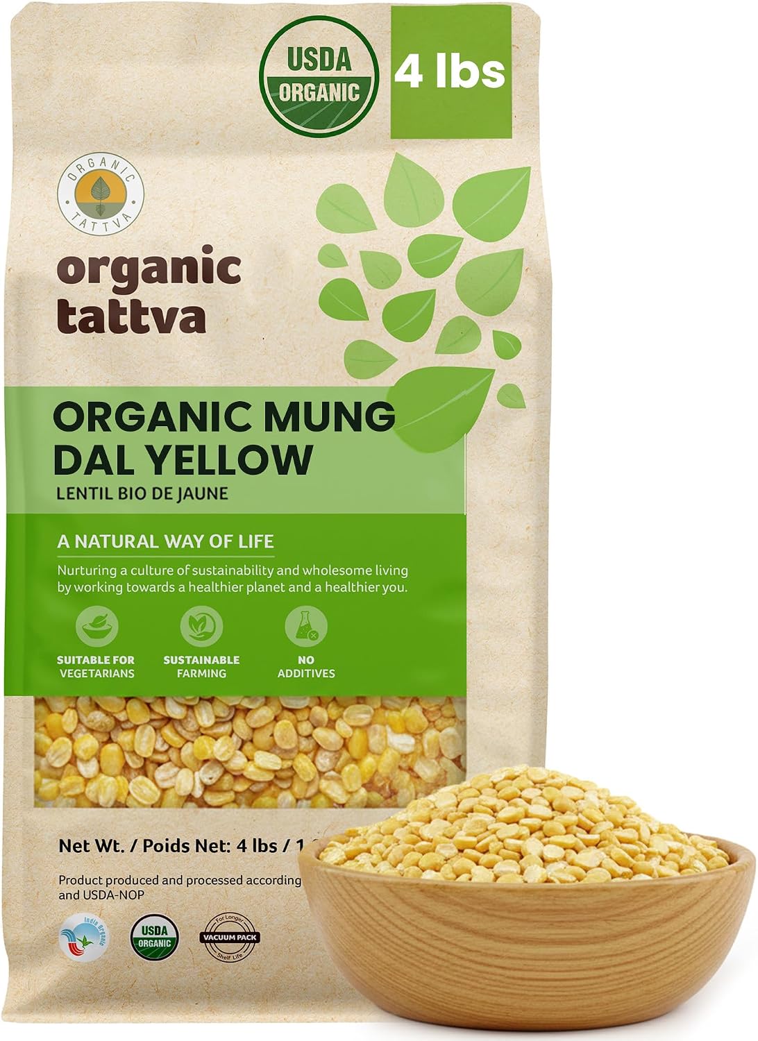 Organic Tattva Moong Dal (4 lbs) - Yellow Split Mung Beans Organic Lentils - Mung Bean Yellow Lentils Dry - High Protein Plant Based Nutrition - Gluten Free, Vegan, Kosher - USDA Certified Legumes