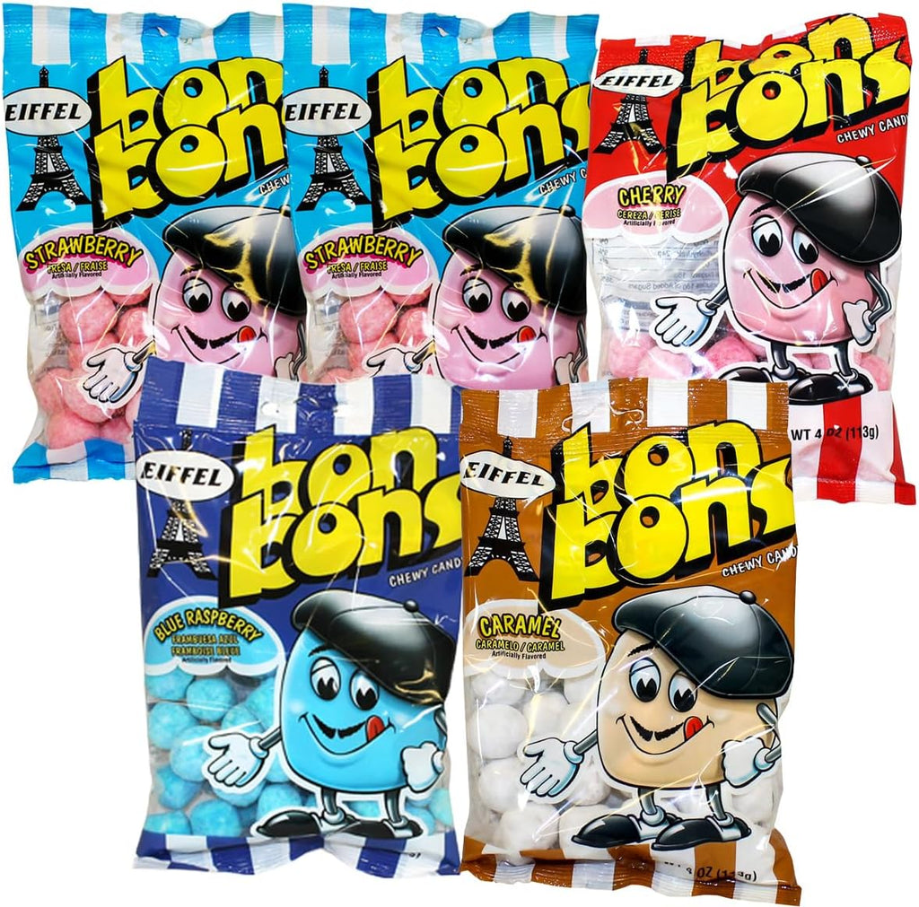 Eiffel Bon Bons Variety 5 Pack, 4 Ounce Each (Pack of 5) Caramel, Blue Raspberry, Cherry & Strawberry, Chewy Candy Snack, The Hampton Popcorn & Candy Company