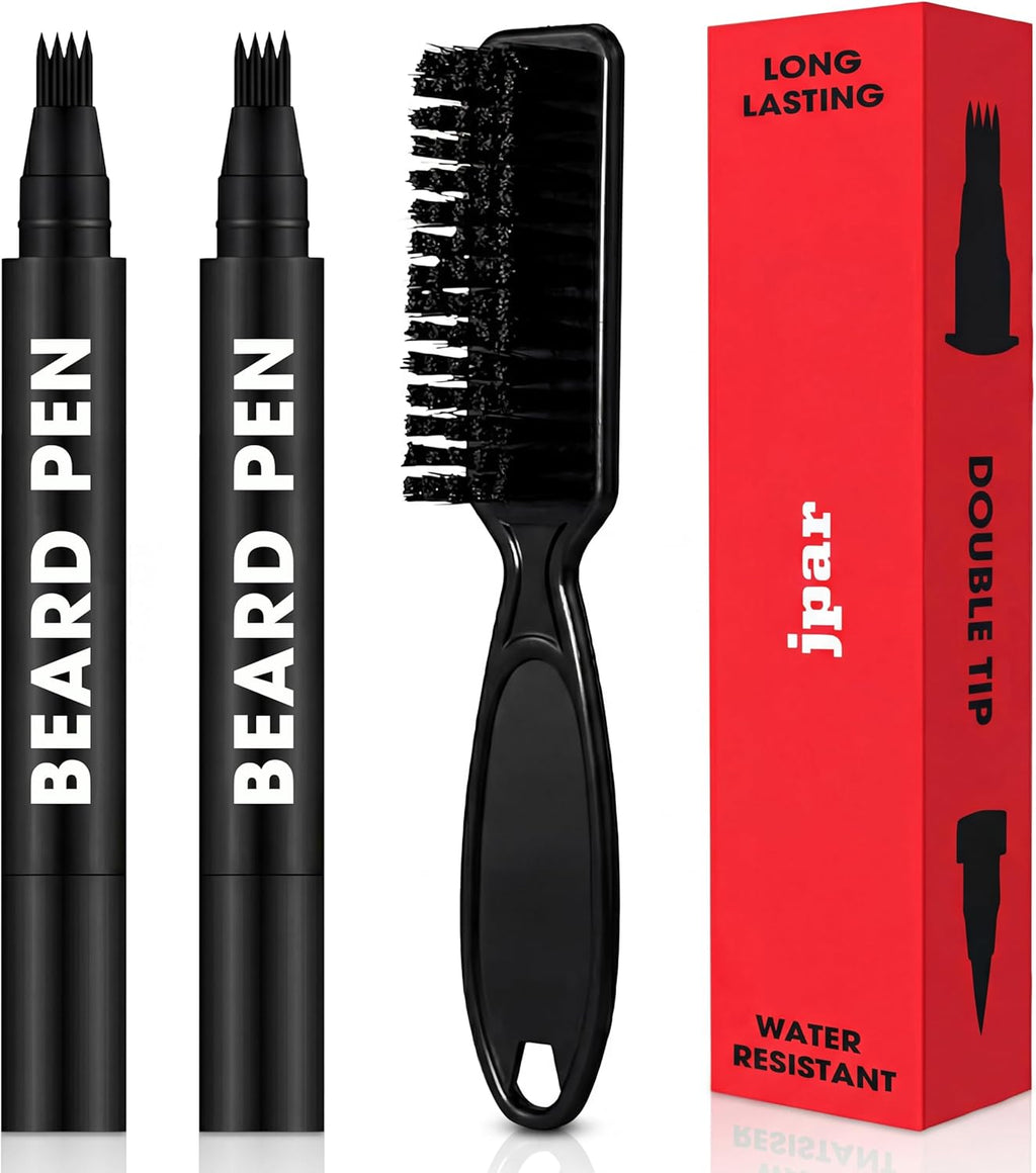2 Pack - Black Beard Pencil Filler for Men - Waterproof Beard Pen Kit with Brush - Dual Tip Beard Filling Pen for Patches, Hairline & Mustache - Natural Look, Long Lasting Beard Grooming Tool