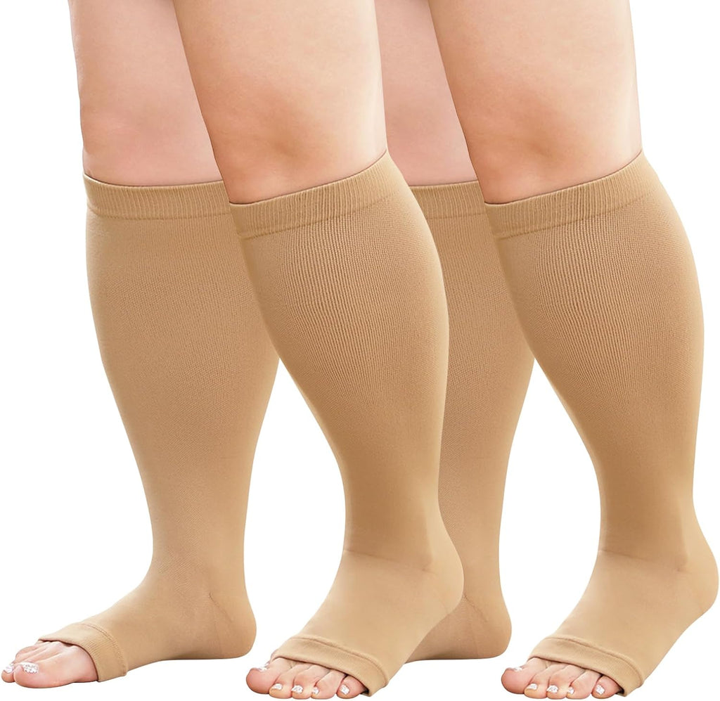 Plus Size Compression Socks: 2 Pairs Wide Calf Compression Toeless Stockings for Men Women - Open Toe 20-30 mmHg Compression Hose Support for Travel Nurses