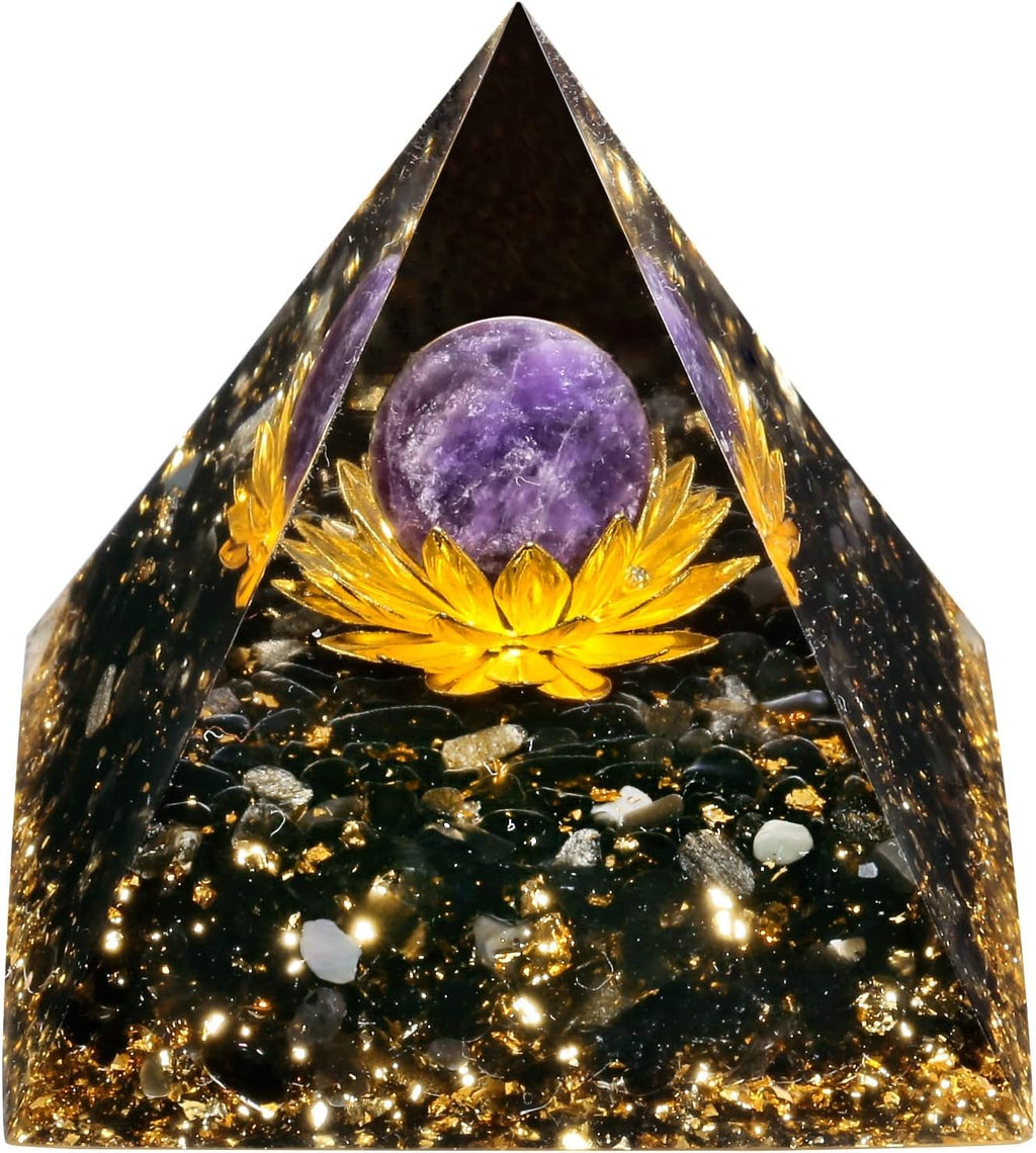 Nupuyai Healing Reiki Crystal Sphere Orgone Pyramid with Lotus and Black Obsidian Chips Stones, Stone Orgonite Energy Generator for Protection Meditation Office Home Decor, Amethyst