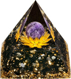 Nupuyai Healing Reiki Crystal Sphere Orgone Pyramid with Lotus and Black Obsidian Chips Stones, Stone Orgonite Energy Generator for Protection Meditation Office Home Decor, Amethyst