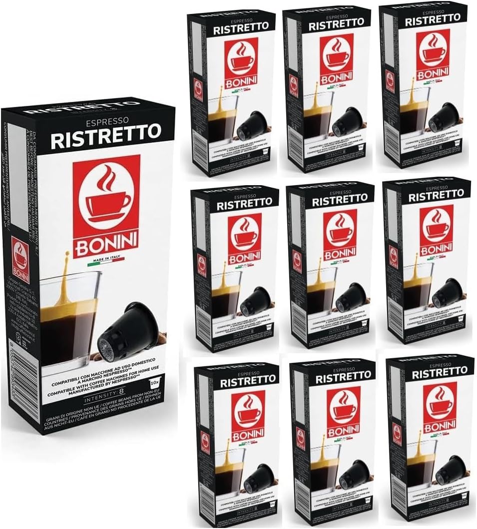 Bonini RISTRETTO Coffee Pods Compatible with Nespresso, 10 Packs Coffee Capsules/Pods. Each Pack 10 Pods Total 100 Pods. 100% Italian coffee