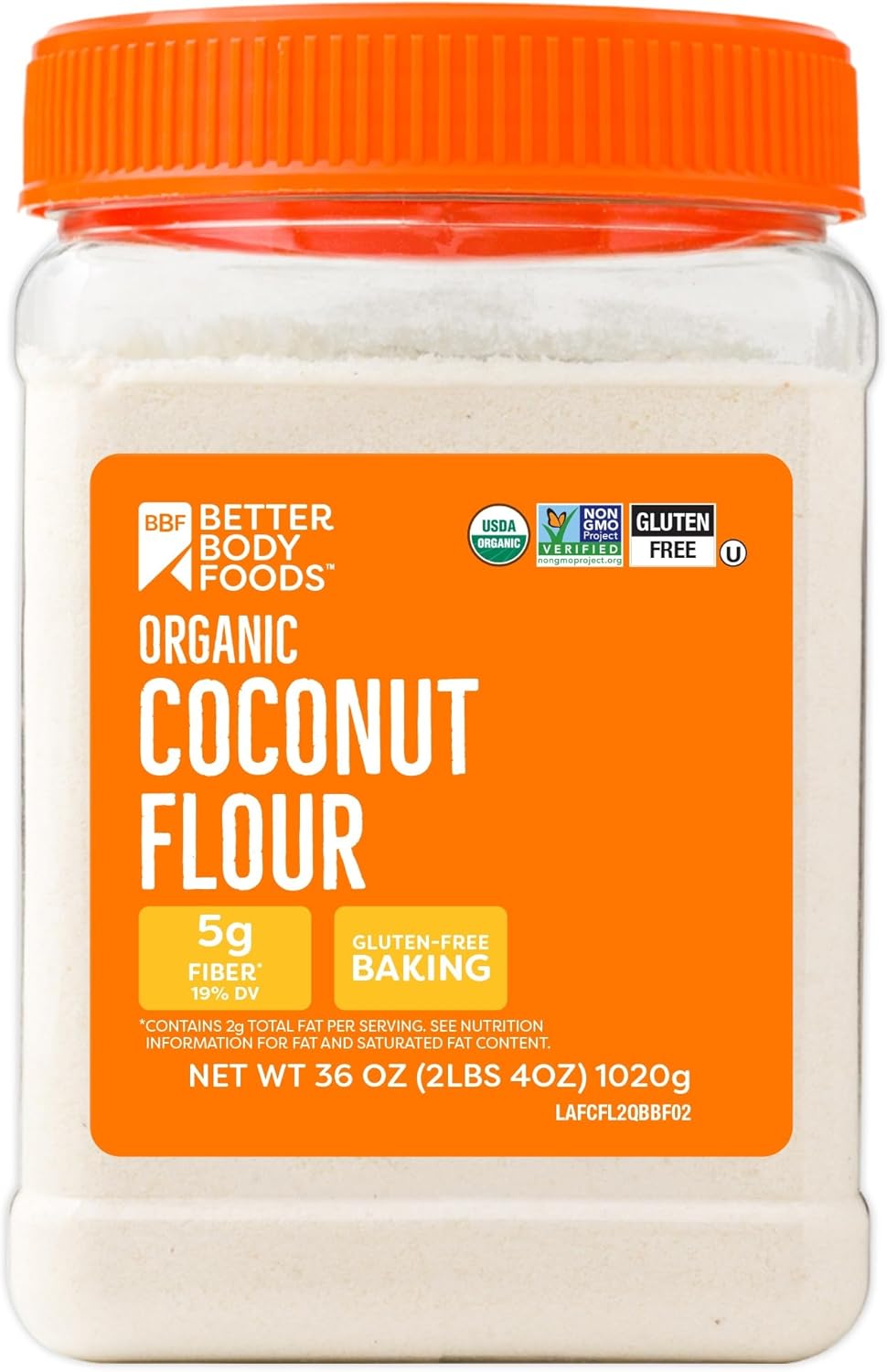 BetterBody Foods Organic Coconut Flour 2 Pound Jar, Gluten-Free White Flour Alternative with a Slight Coconut Taste and Aroma, 23% Dietary Fiber per Serving