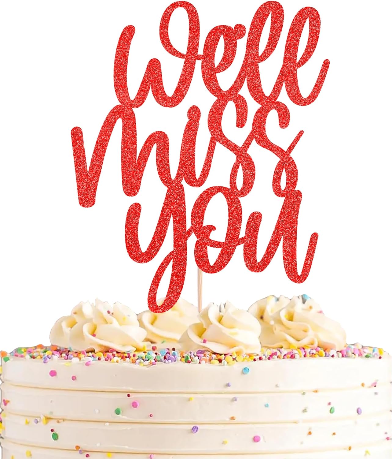 We Will Miss You Cake Topper - Red Glitter Farewell Cake Decoration Supplies for Retirement or Graduation Party - Friends and Relatives Going Away Party Cake Decor