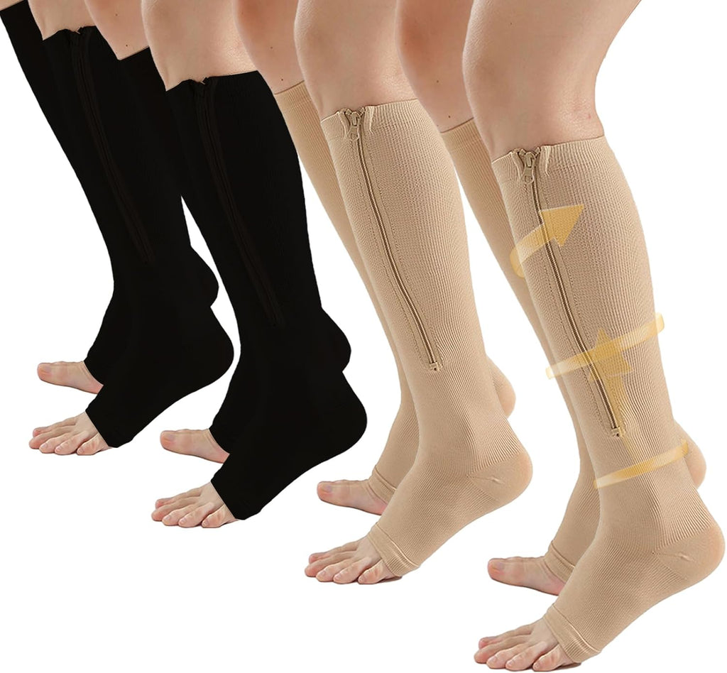 4 Pairs Zipper Compression Socks Women & Men, 15-20 Mmhg Compression Socks with Zipper, Medical Compression Toeless Lining Socks with Zipper for Varicose Veins, Edema, Recover