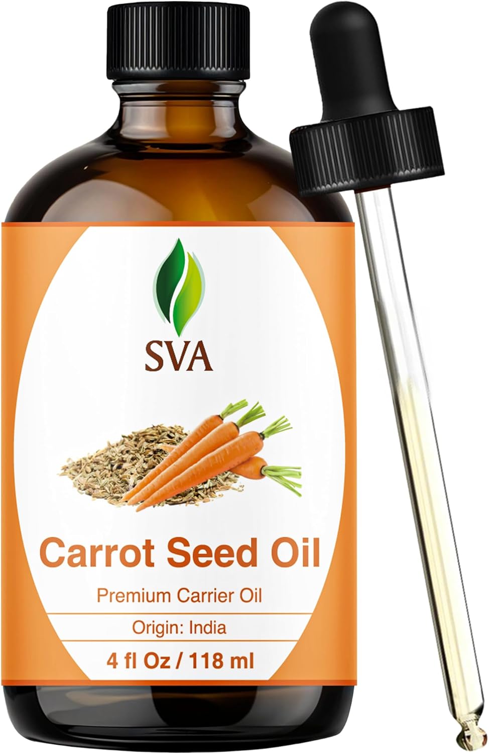 SVA Carrot Seed Oil - 4 Fl Oz – 100% Natural Cold Pressed Carrot Oil - for Face, Skin Care, Hair Care, Scalp Massage & Body Massage – Carrier Oil with Dropper