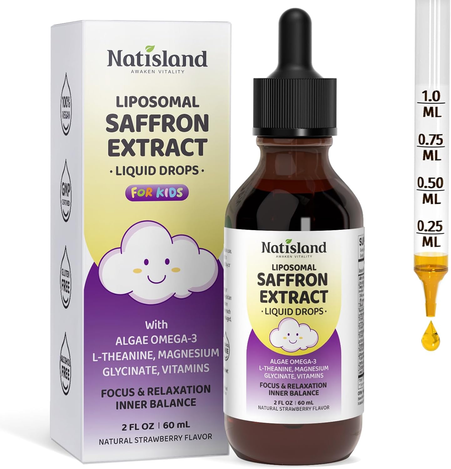 Liposomal Saffron Drops for Kids, Organic Saffron Extract Supplements with Holy Basil, Rosemary for Focus, Attention & Brain Support, Vegan, Alcohol-Free, Strawberry Flavor, 2 FL OZ