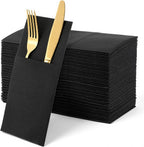 100 Pcs Black Linen-Feel Paper Napkins, Black Napkins Disposable with Built-in Flatware Pocket, Prefolded for Knives and Forks, Blacks Dinner Napkin for Evening Parties, Weddings, Birthday