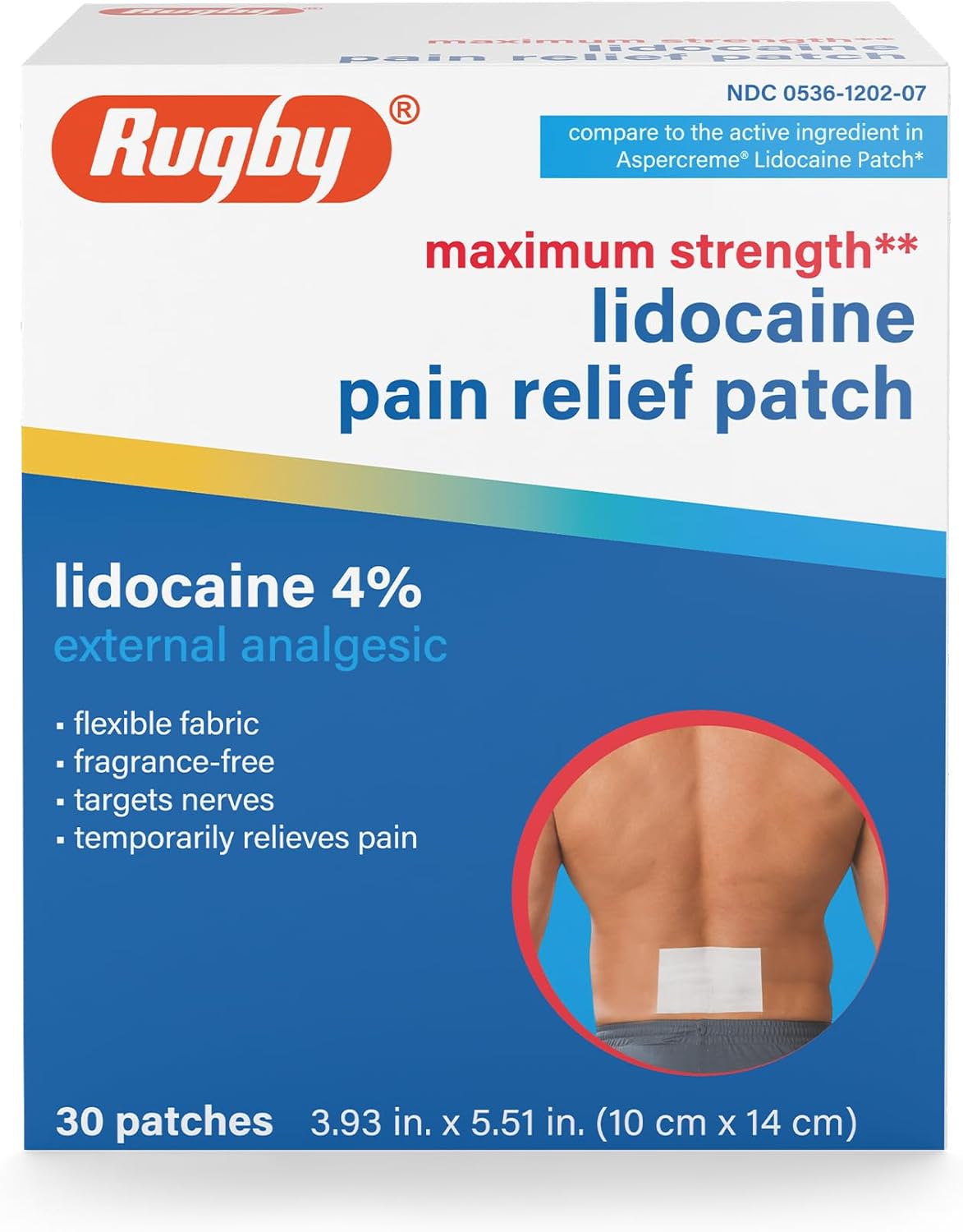 Rugby Maximum Strength Lidocaine Pain Relief Patch - 4% Lidocaine - Topical Anesthetic - Unscented - 30 Patches (1 Pack)