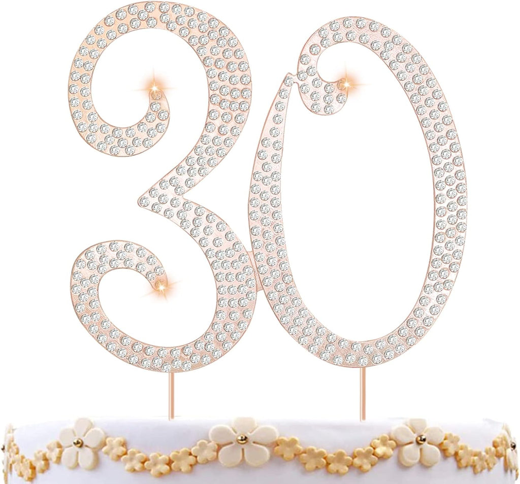 30 Cake Topper 30th Anniversary Birthday Wedding Diamond Cake Topper for Women Bling Rhinestone Cake Decoration Party Supplies Keepsake, Rose Gold