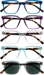 OPULIZE KOI Reading glasses and Reading sunglasses for Women Men,Scratch Resistant Large Rectangular frame with spring Hinges, Black, Purple, Clear, Aqua, Clear +3 (Pack of 5)