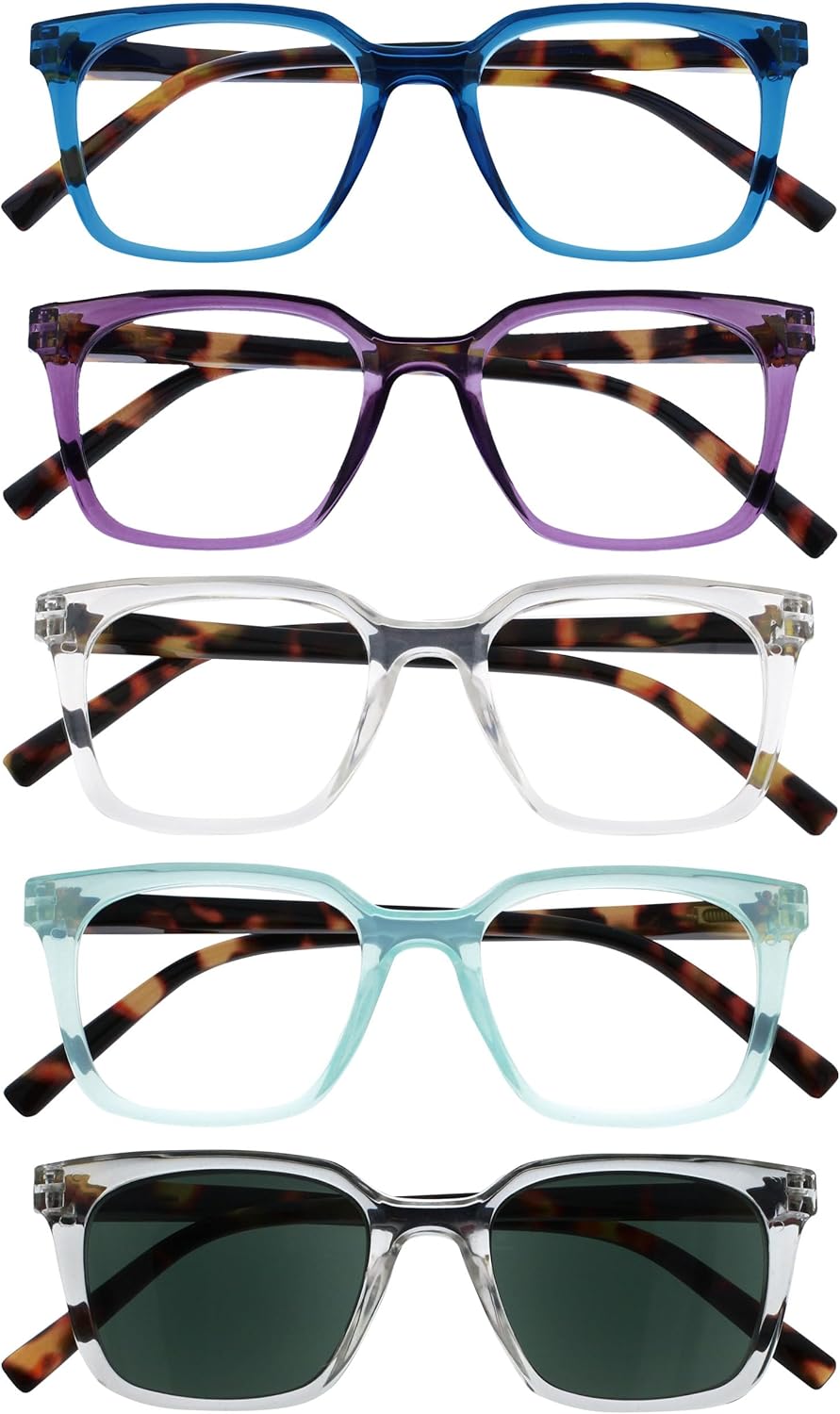OPULIZE KOI Reading glasses and Reading sunglasses for Women Men,Scratch Resistant Large Rectangular frame with spring Hinges, Black, Purple, Clear, Aqua, Clear +2 (Pack of 5)