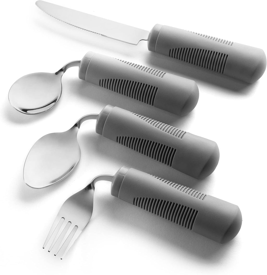 Special Supplies Adaptive Utensils (4-Piece Kitchen Set) Weighted, Non-Slip Handles for Hand Tremors, Arthritis, Parkinson’s Elderly use - Stainless Steel Knife, Fork, Spoons (Grey)
