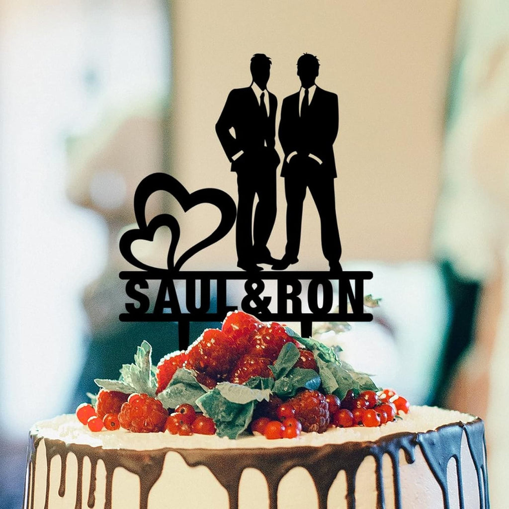 Same Sex Custom Double Heart Rustic Wedding Cake Topper Gay Couple Silhouette Engagement Cake Toppers Two Men In Suits Personalized Cake Topper Homosexual Gay Wedding Decor LGBT Black Acrylic Toppers