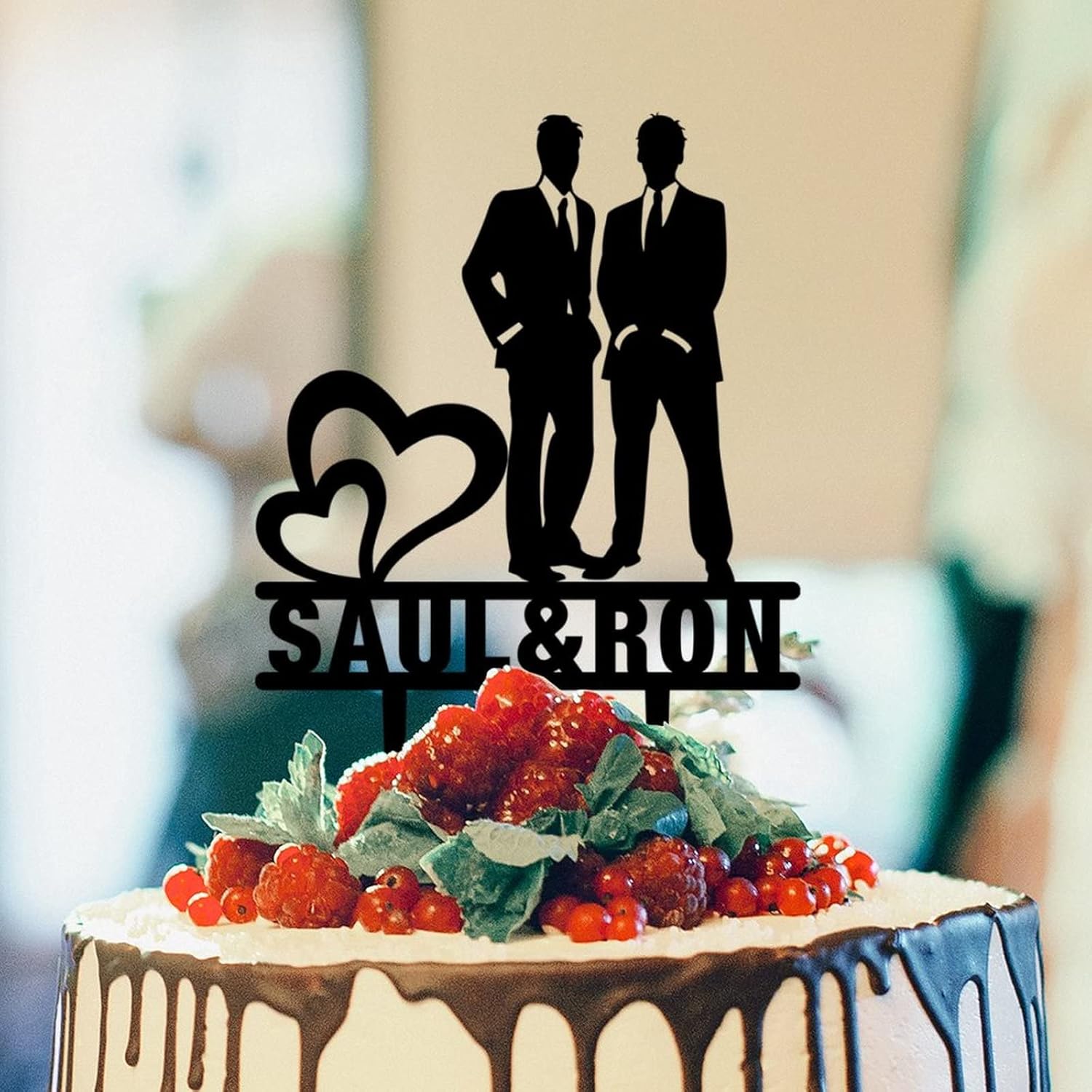 Same Sex Custom Double Heart Rustic Wedding Cake Topper Gay Couple Silhouette Engagement Cake Toppers Two Men In Suits Personalized Cake Topper Homosexual Gay Wedding Decor LGBT Black Acrylic Toppers