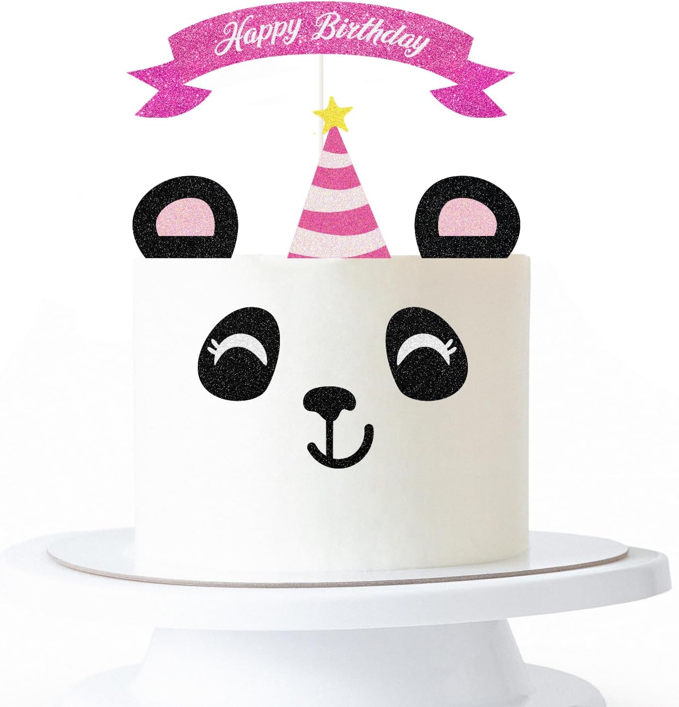Panda Happy Birthday Cake Topper,Handmade Panda Ears Eyes Cake Set Cake Decorations,Animal Zoo Themed Panda Bear Baby Shower Birthday Party Decorations