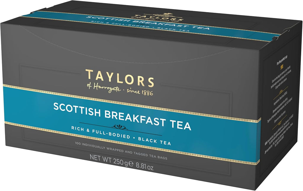 Taylors of Harrogate Scottish Breakfast Black Tea Individually Wrapped Bags, 100 Count (Pack of 1), Strong, malty and full, Caffeinated, Enjoy Hot or Iced, 100 Teabags