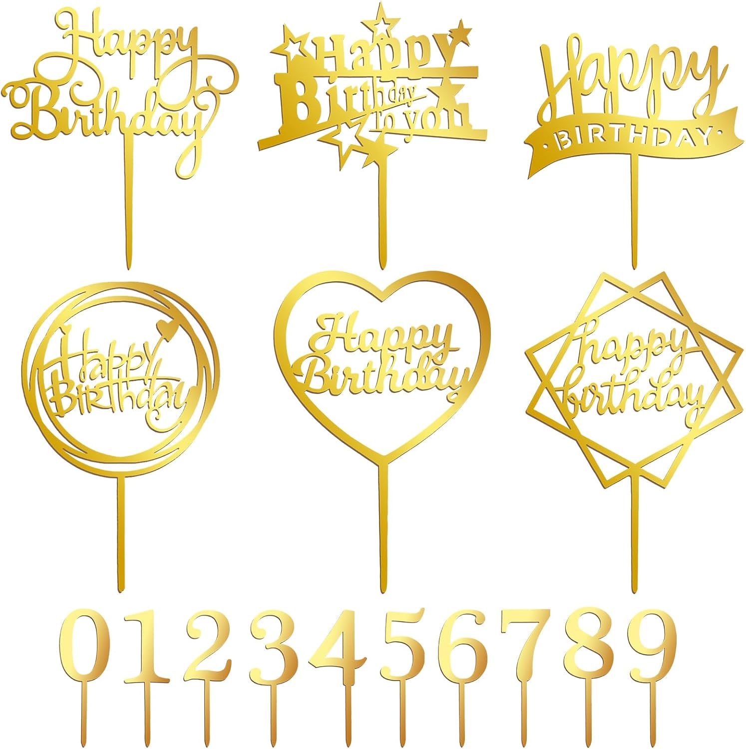 16 PCS Happy Birthday Cake Topper Set, Gold Cake Decoration, Acrylic Reusable Numbers Cake Cupcake Desserts Topper Double-Sided Glitter Birthday Cake Topper for Kids Adults
