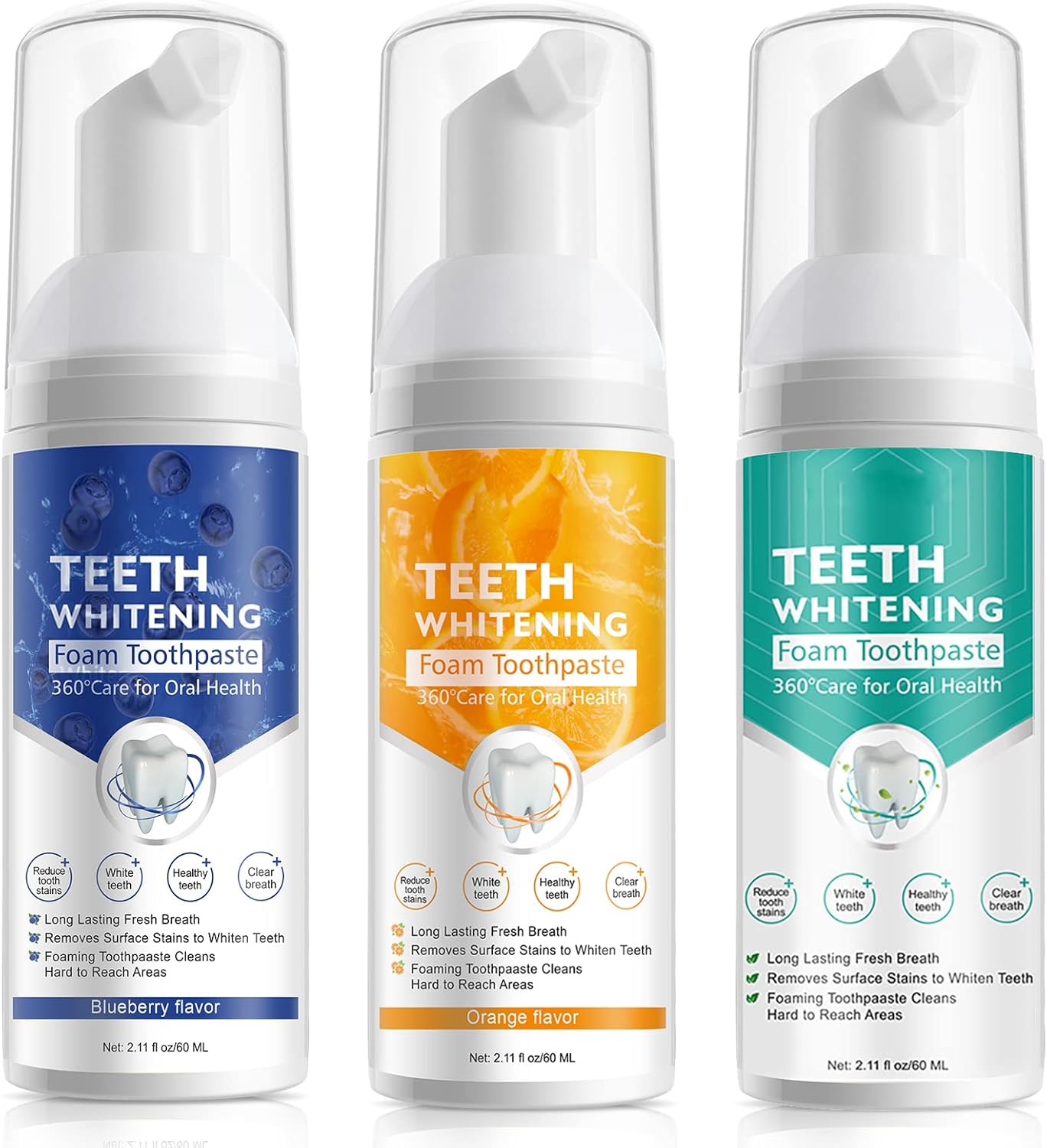 Teeth Whitening Toothpaste, Foam Toothpaste, Ultra-fine Mousse Foam Deeply Cleaning Gums, Stain Removal, Oral Care Replacement Natural Mouth Wash Water, 3 Fresh Flavor