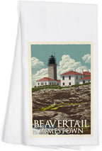 Jamestown, Rhode Island, Letterpress, Beavertail Lighthouse (100% Cotton Tea Towel, Decorative Hand Towel, for Kitchen and Home)