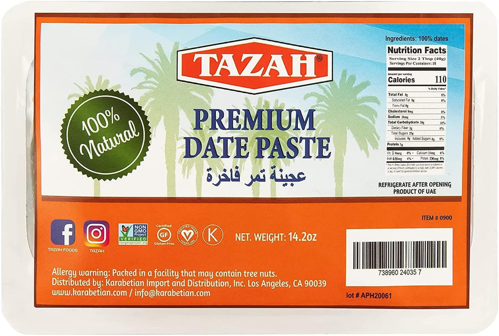 Date Paste for Baking - 14.2oz (400g) - Pure 100% Natural Pressed Dates, Gluten-Free, Certified Vegan, Kosher - Non-GMO - Sugar Substitute for Baking and Cooking