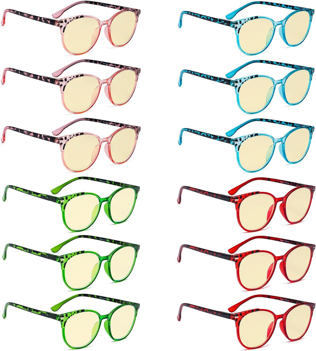Eyekepper 12 Pack Blue Light Blocking Reading Glasses Oversized Round Pattern Yellow Tinted Computer Readers for Women +1.00