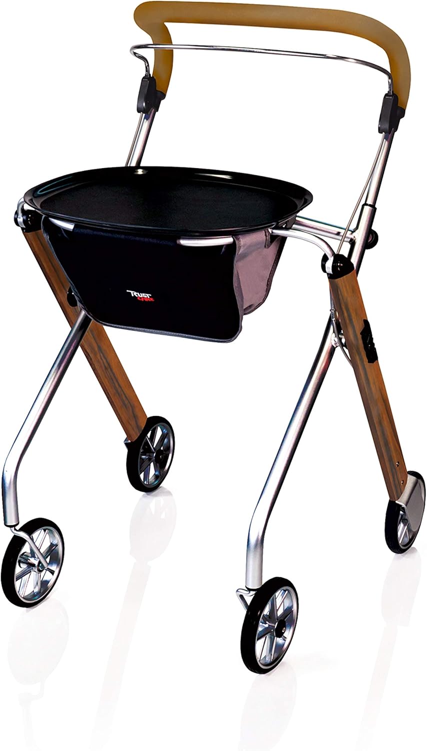 Stander Let’s Go Indoor Rollator, Lightweight Four Wheel Euro Style Walker with Tray, Folding Mobility Aid for Seniors by Trust Care, Walnut