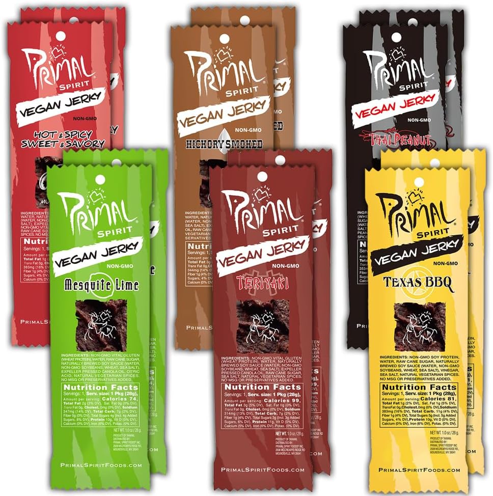 Primal Spirit Vegan Jerky - Our Sampler Pack, 10g. Plant Based Protein, Certified Non-GMO ("The Classics" Thai Peanut, Mesquite Lime, Teriyaki, Hot & Spicy, Hickory Smoked, & Texas BBQ, 12-Pack, 1 oz)