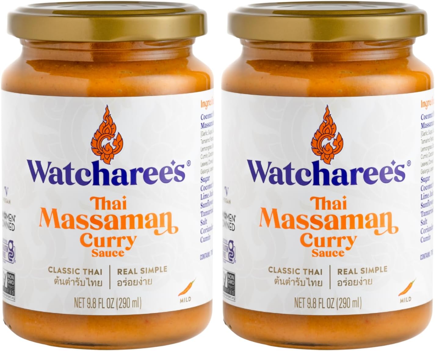 Watcharee’s Thai Massaman Curry Sauce – Authentic Thai Flavor Made from Real Massaman Curry Paste & Coconut Milk, Crafted with Natural Ingredients, Ready-to-Use, Vegan, Non-GMO, Gluten-Free, 9.8 fl oz (Pack of 2)