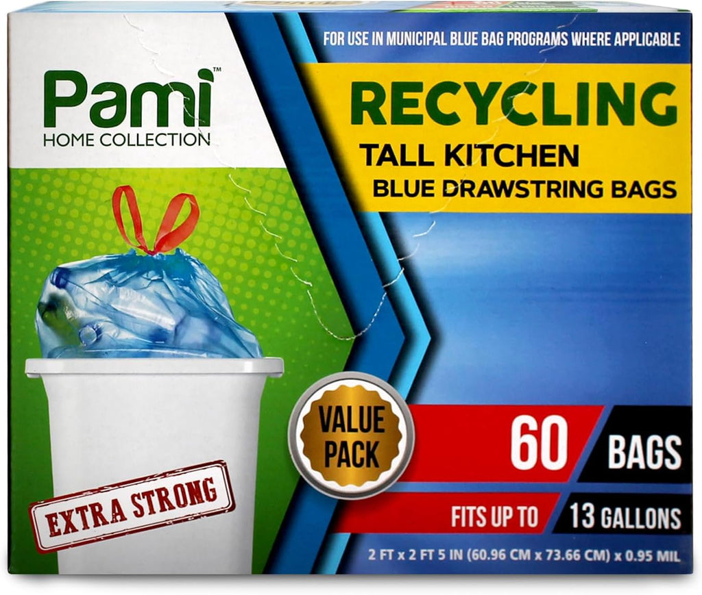 PAMI Recycling Tall Kitchen Drawstring Trash Bags- Extra-Strong Plastic Garbage Bags- Thick Trash Can Liners For Kitchen & Outdoor Bins- 2ft x2ft Unscented Trash Bags (13 Gallon – 60 Count – Blue)