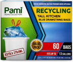 PAMI Recycling Tall Kitchen Drawstring Trash Bags- Extra-Strong Plastic Garbage Bags- Thick Trash Can Liners For Kitchen & Outdoor Bins- 2ft x2ft Unscented Trash Bags (13 Gallon – 60 Count – Blue)