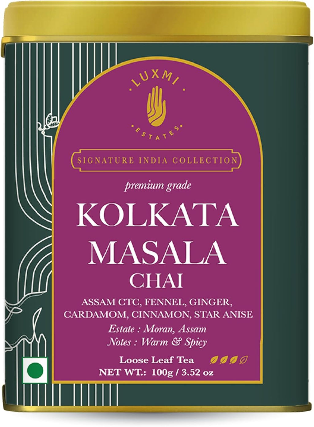 Luxmi Estates Kolkata Masala Chai | 100 gm | Signature India Collection | Assam CTC Tea | Black tea collection | Organic Strong tea | Antioxidants | Assam Valley tea | Fennel, Ginger Tea, Cardamom, Cinnamon, Star Anise