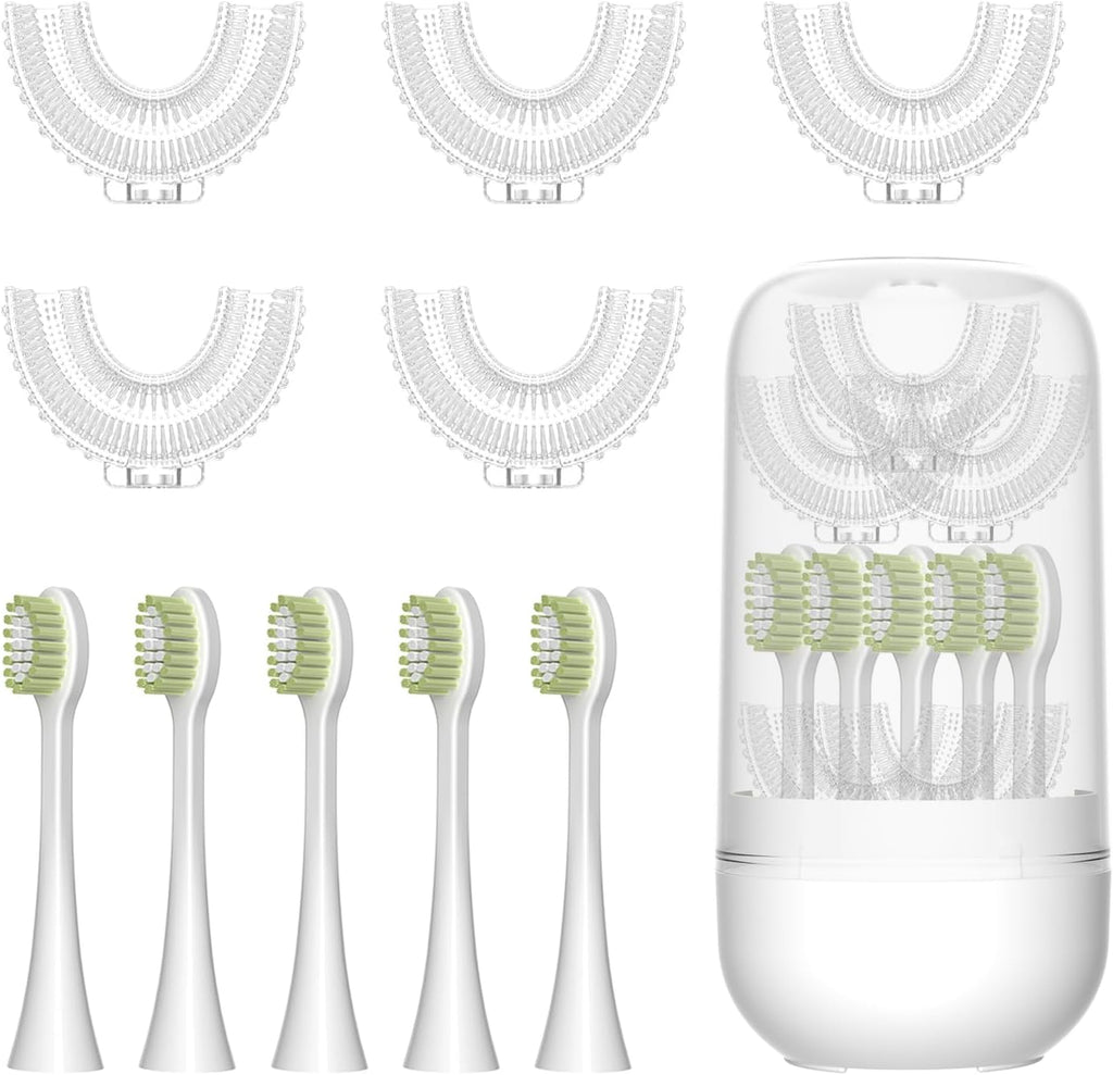 10 Pcs U Shaped Toothbrush Kids Replacement Head Set, Including 5 U Shaped Brush Heads 5 Bristle Brush Heads and 1 Storage Box (Medium)