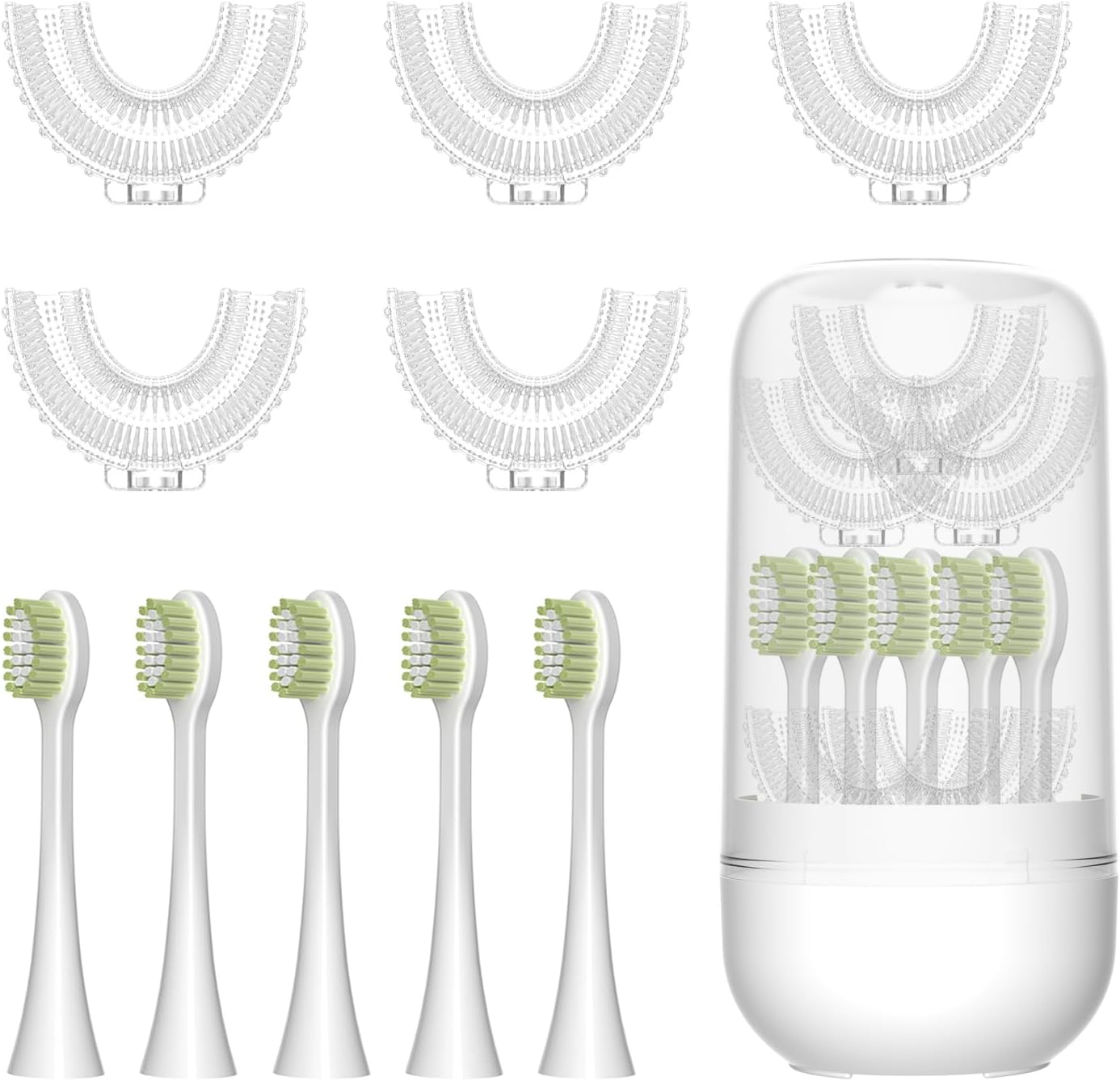 10 Pcs U Shaped Toothbrush Kids Replacement Head Set, Including 5 U Shaped Brush Heads 5 Bristle Brush Heads and 1 Storage Box (Medium)
